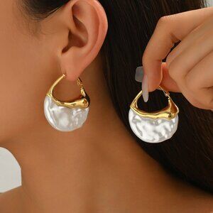 Gold Tone Hoop Earrings with Pearl Detail